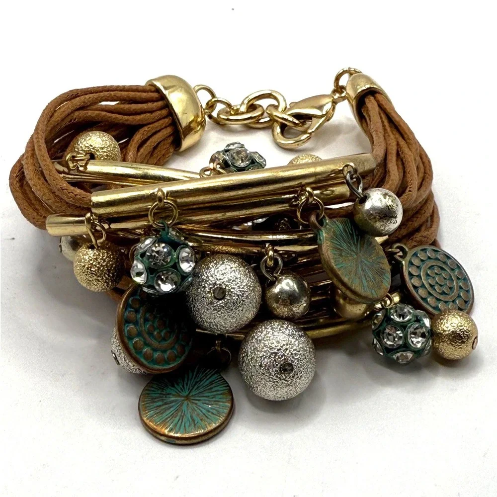 Boho Multi-Strand Brown Cord Charm Bracelet – Gold‎ Tone Bars, Textured Beads